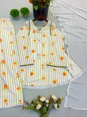 Ellow floral printed cotton short kurti with farshi pant and dupatta set 4