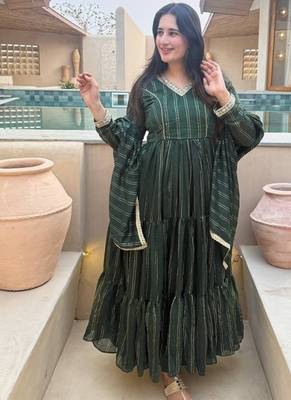 Green embroidery brocade full stitched anarkali suit 1