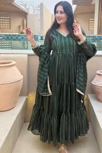 Green embroidery brocade full stitched anarkali suit
