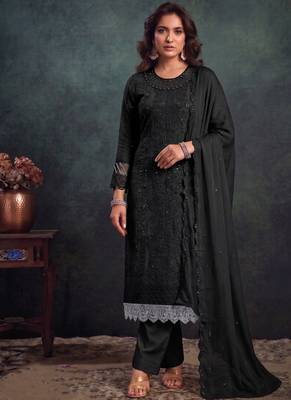 latest black pakistani straight suit for women chiffon silk 1
