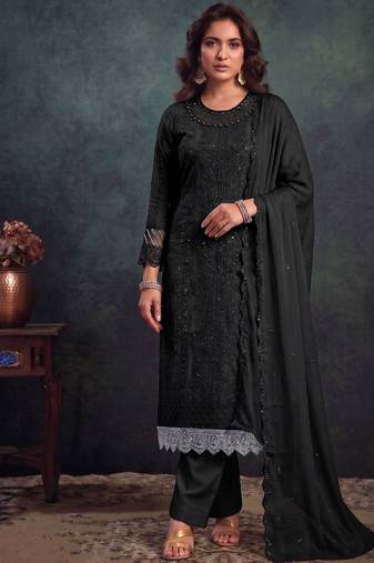 latest black pakistani straight suit for women chiffon silk