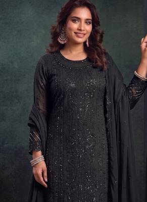 latest black pakistani straight suit for women chiffon silk 2
