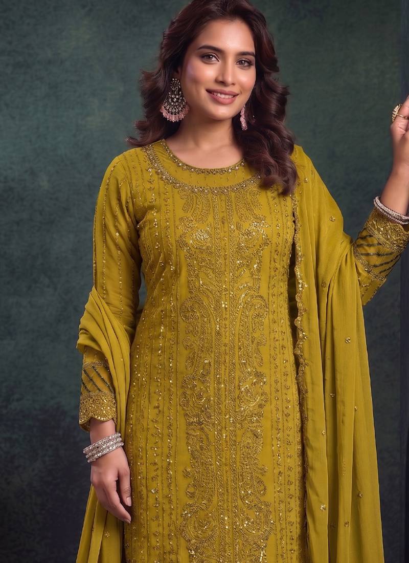 latest yellow pakistani straight suit for women chiffon silk