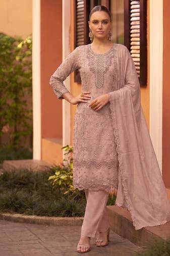 new chiffon suit for women peach hand embroidery