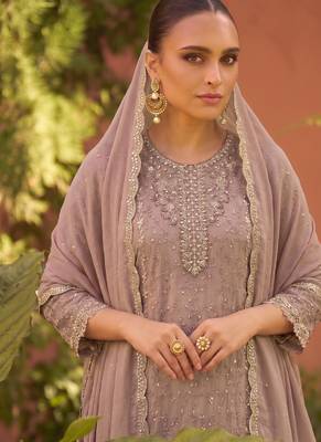 new chiffon suit for women peach hand embroidery 2