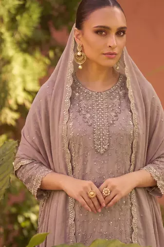 new chiffon suit for women peach hand embroidery