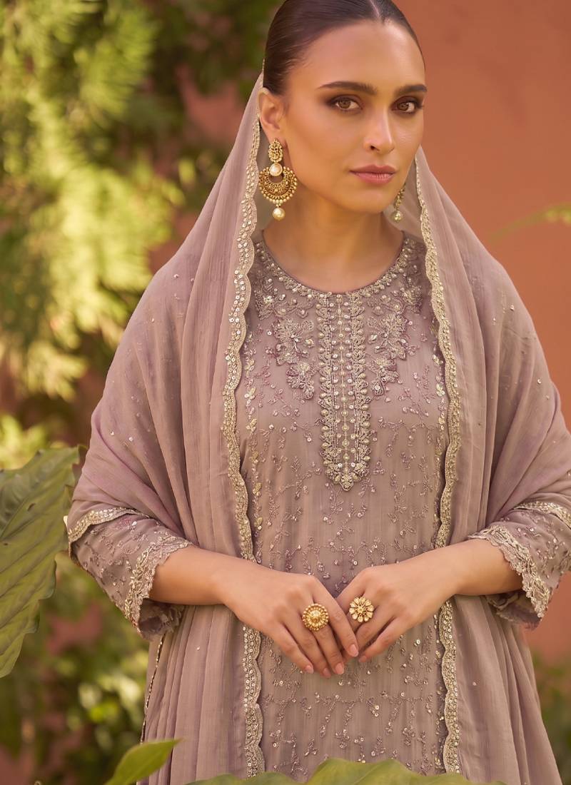 new chiffon suit for women peach hand embroidery