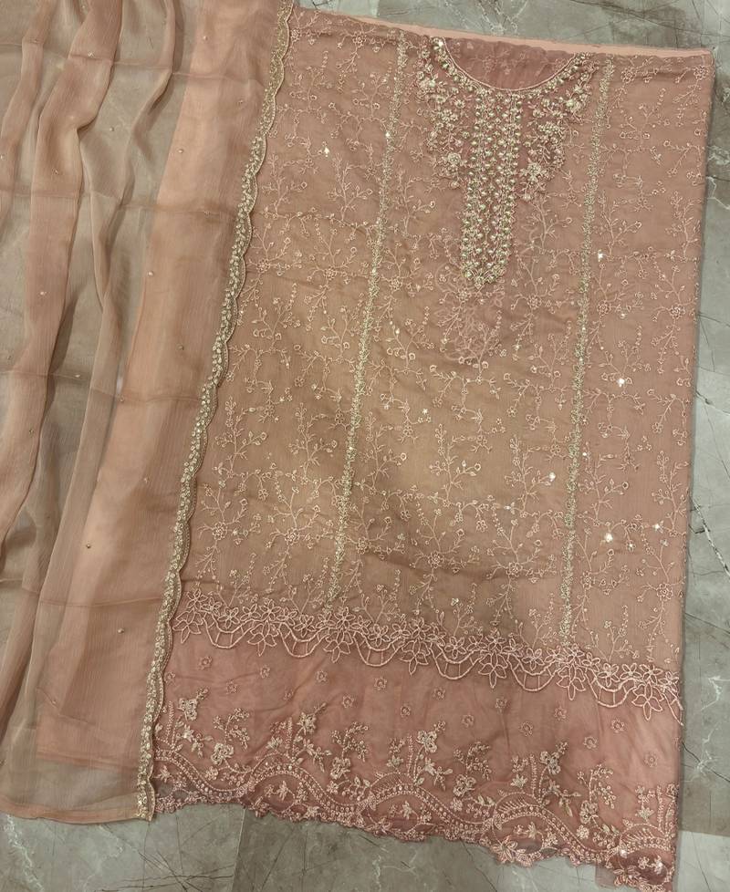 new chiffon suit for women peach hand embroidery