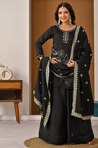 Black embroidery vichitra silk full stitched sarara plazo