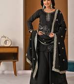 Black embroidery vichitra silk full stitched sarara plazo