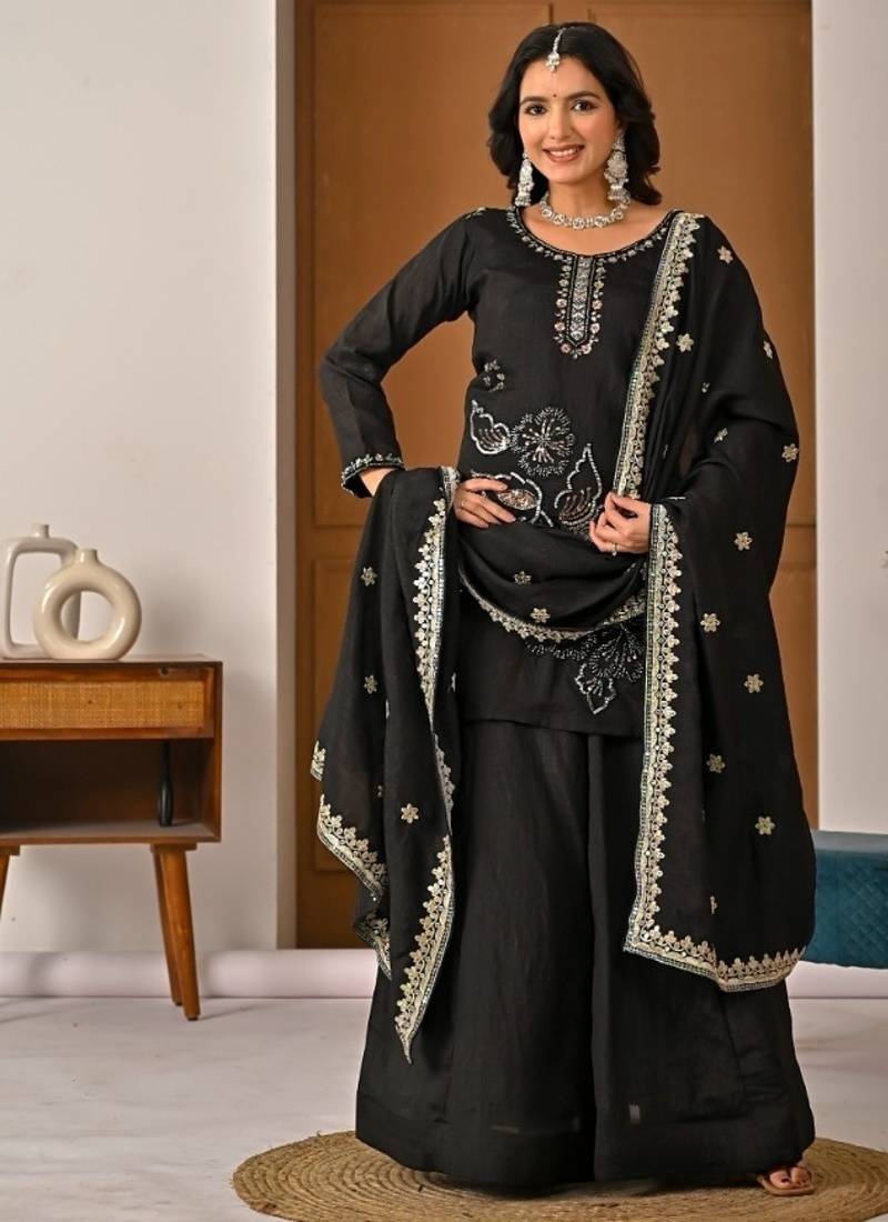 Black embroidery vichitra silk full stitched sarara plazo