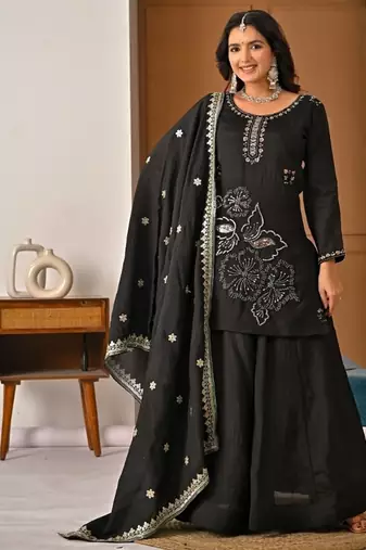 Black embroidery vichitra silk full stitched sarara plazo