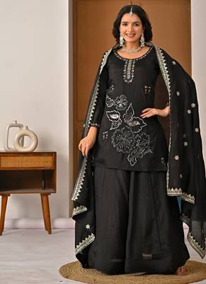 Black embroidery vichitra silk full stitched sarara plazo 3