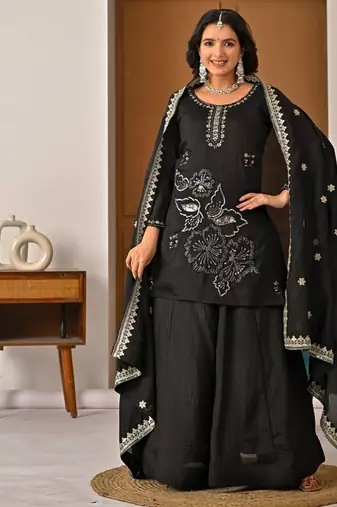 Black embroidery vichitra silk full stitched sarara plazo