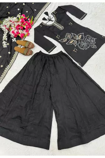 Black embroidery vichitra silk full stitched sarara plazo
