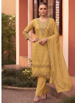 new chiffon suit for women yellow hand embroidery 1