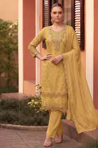 new chiffon suit for women yellow hand embroidery