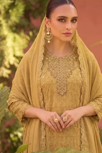 new chiffon suit for women yellow hand embroidery