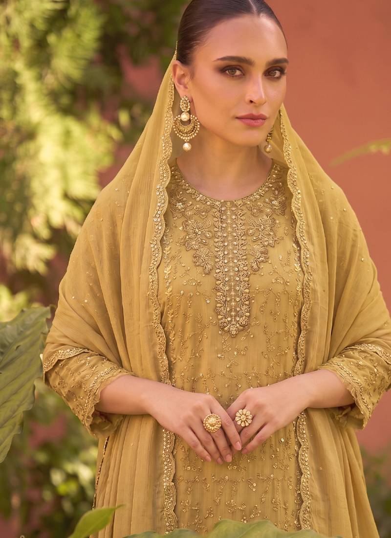 new chiffon suit for women yellow hand embroidery