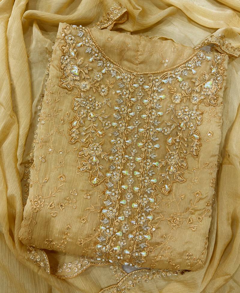 new chiffon suit for women yellow hand embroidery