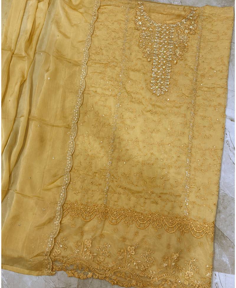 new chiffon suit for women yellow hand embroidery