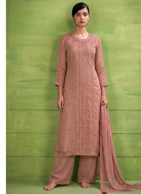 heavy hand embroidery peach chiffon suit for women 1