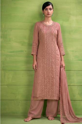 heavy hand embroidery peach chiffon suit for women