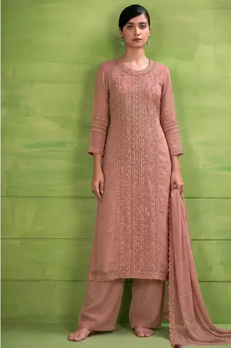 heavy hand embroidery peach chiffon suit for women