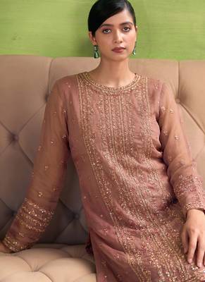heavy hand embroidery peach chiffon suit for women 2