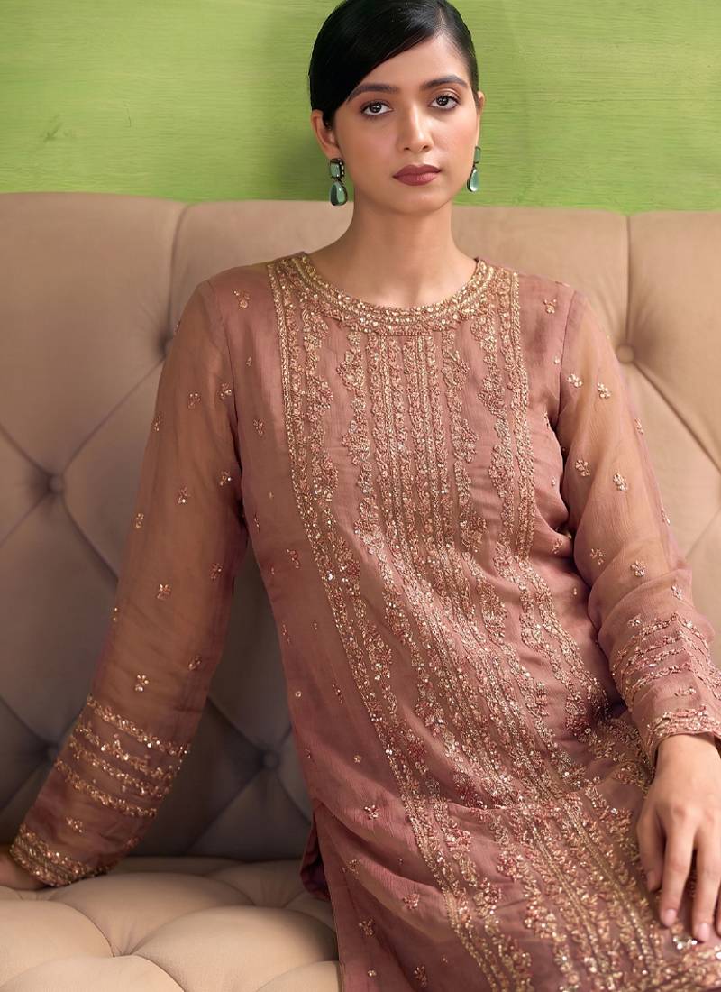 heavy hand embroidery peach chiffon suit for women