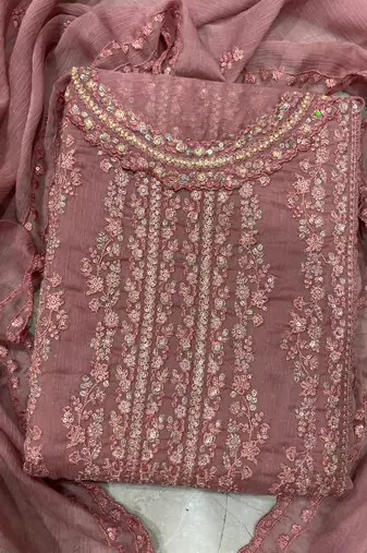 heavy hand embroidery peach chiffon suit for women