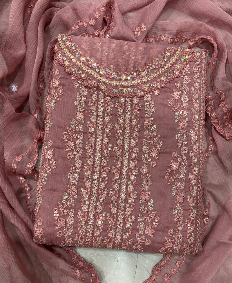 heavy hand embroidery peach chiffon suit for women