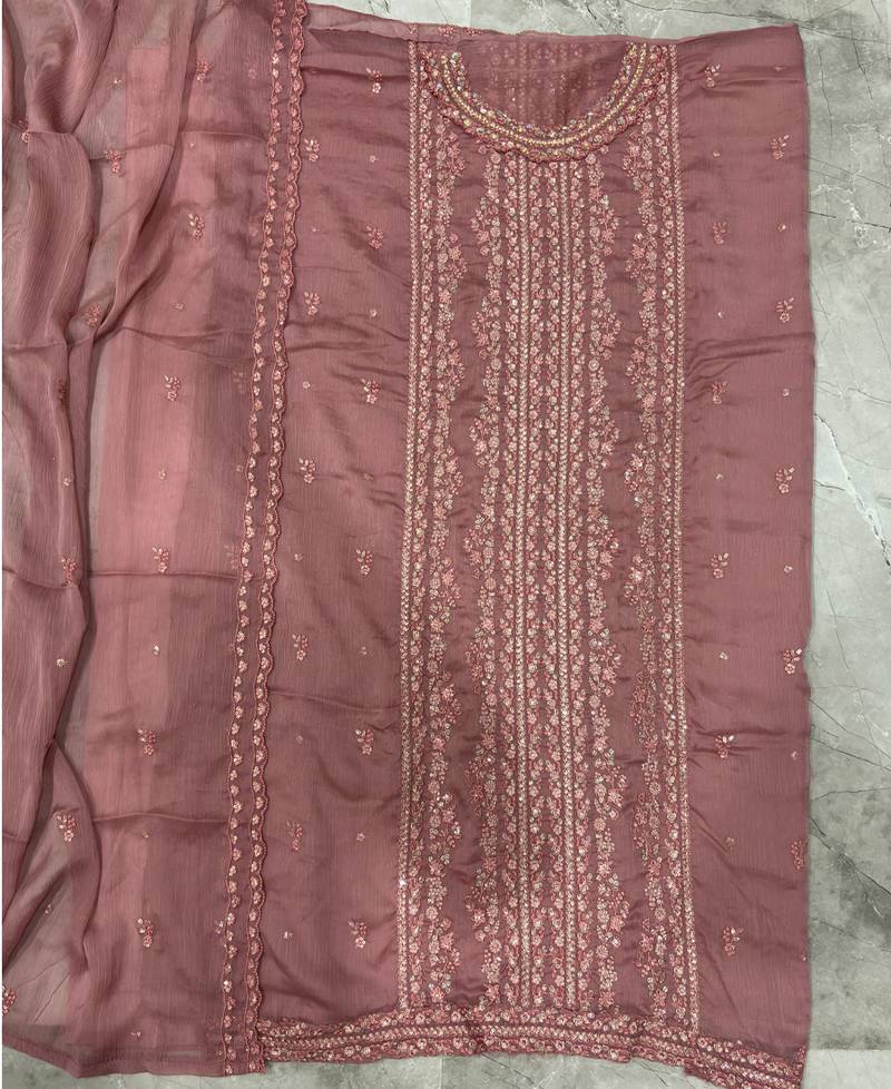 heavy hand embroidery peach chiffon suit for women
