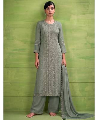 heavy hand embroidery pista green chiffon suit for women 1