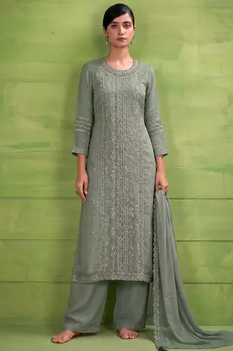 heavy hand embroidery pista green chiffon suit for women