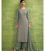 heavy hand embroidery pista green chiffon suit for women