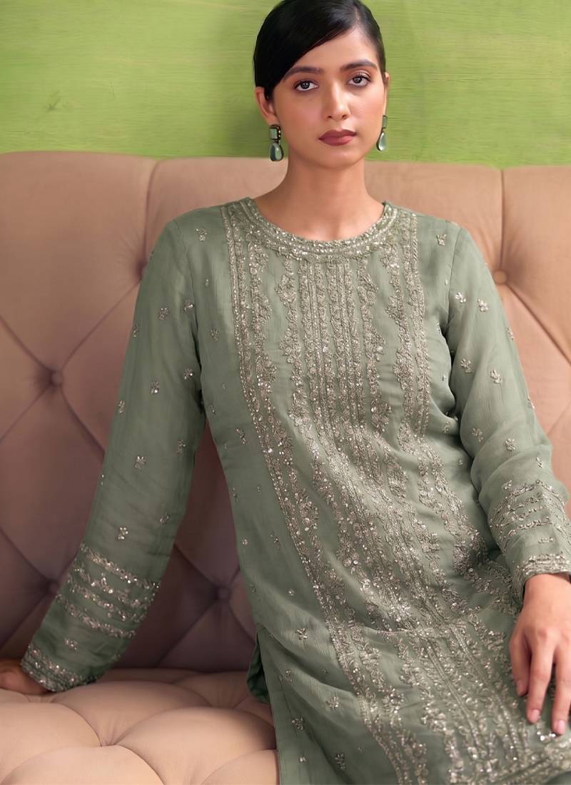 heavy hand embroidery pista green chiffon suit for women