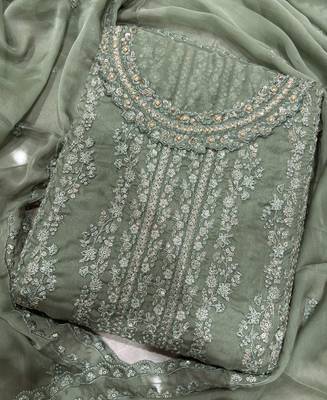 heavy hand embroidery pista green chiffon suit for women 3