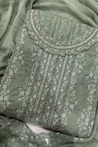 heavy hand embroidery pista green chiffon suit for women