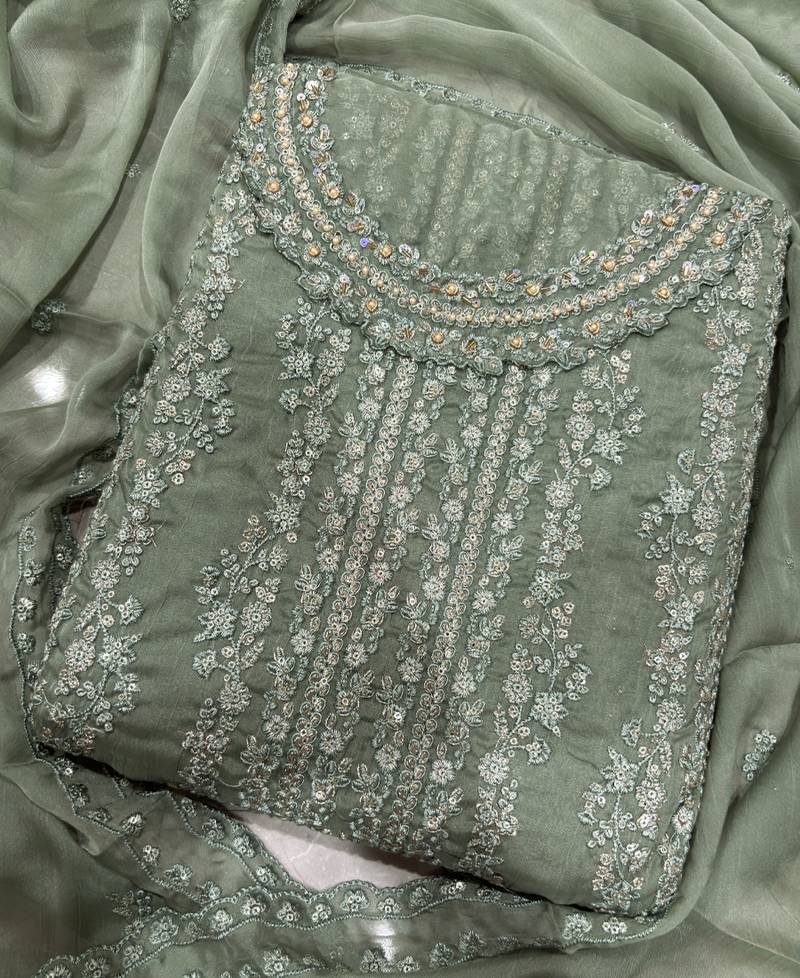 heavy hand embroidery pista green chiffon suit for women