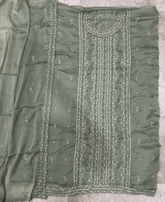 heavy hand embroidery pista green chiffon suit for women 4