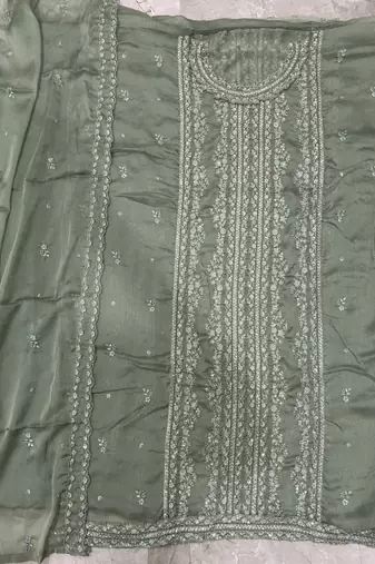 heavy hand embroidery pista green chiffon suit for women