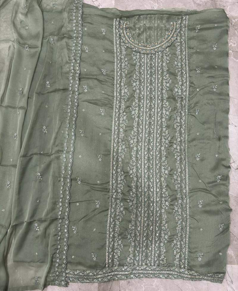 heavy hand embroidery pista green chiffon suit for women