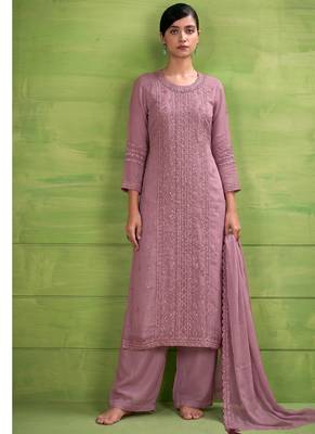 heavy hand embroidery pink chiffon suit for women 1