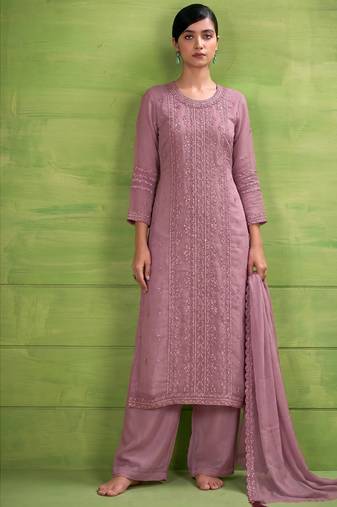 heavy hand embroidery pink chiffon suit for women