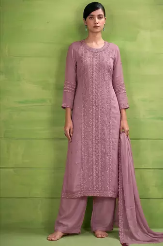heavy hand embroidery pink chiffon suit for women