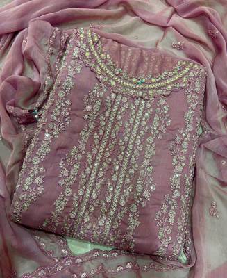 heavy hand embroidery pink chiffon suit for women 3