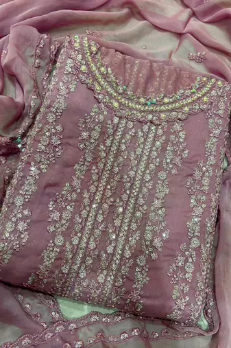 heavy hand embroidery pink chiffon suit for women
