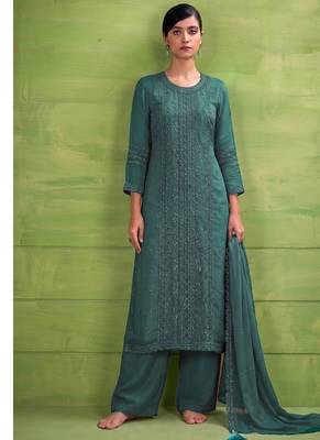 heavy hand embroidery teal blue chiffon suit for women 1