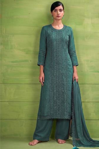 heavy hand embroidery teal blue chiffon suit for women